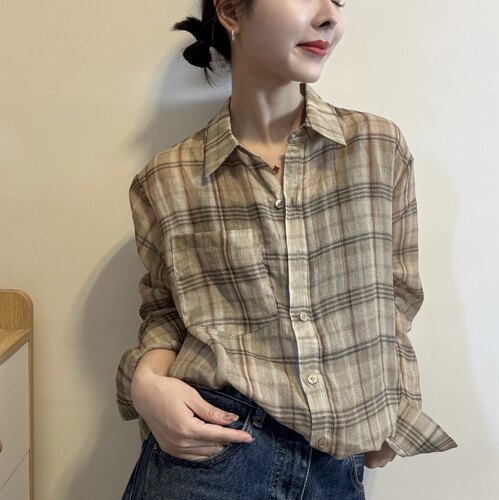 欧洲站2026春季简约气质POLO领排扣防晒天丝麻料复古格子衬衫长袖