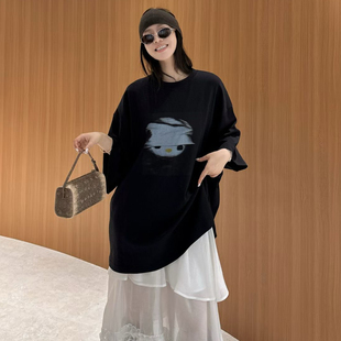 欧洲站2026春季 圆领洋气卡通图案印花短袖 慵懒风大版 T恤女潮 新款