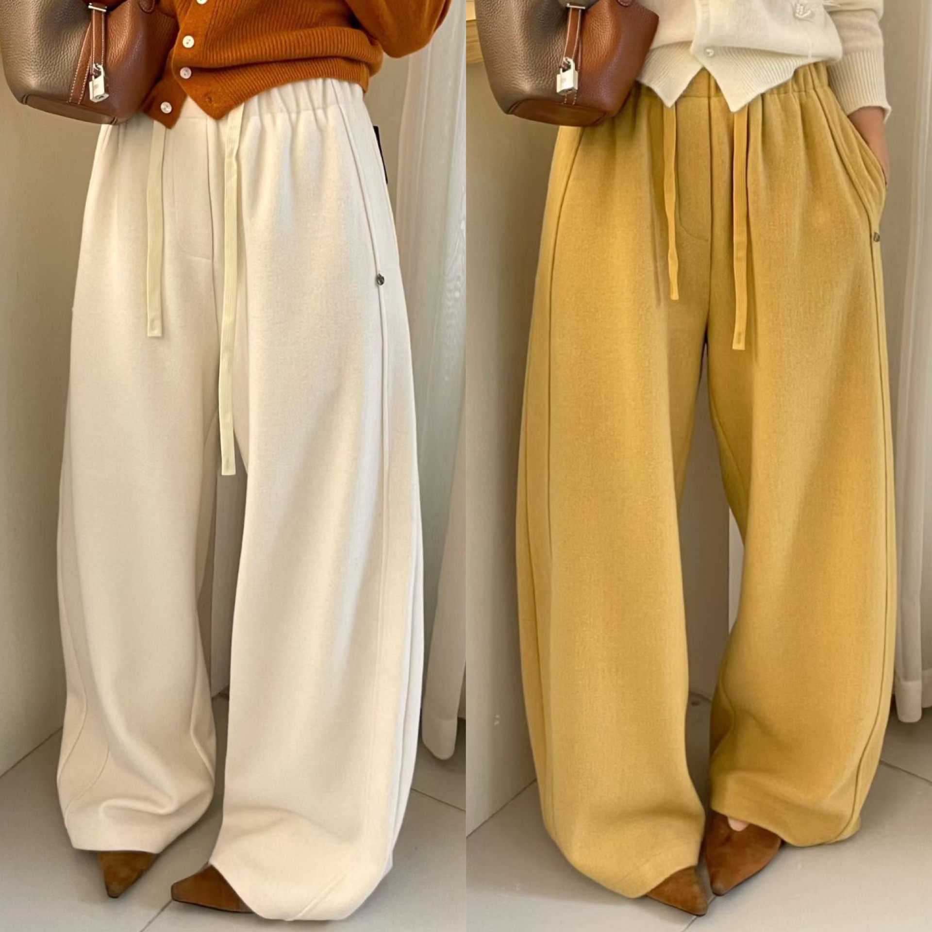 欧洲站2025秋冬新款纯色松紧腰口袋一粒扣侧压线人棉羊毛休闲裤女