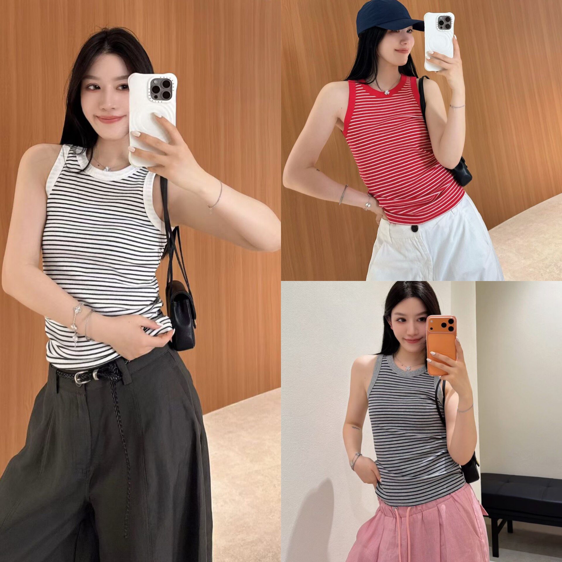 欧洲站2026夏季圆领弹力修身收副乳显瘦无袖条纹背心打底衫T恤潮