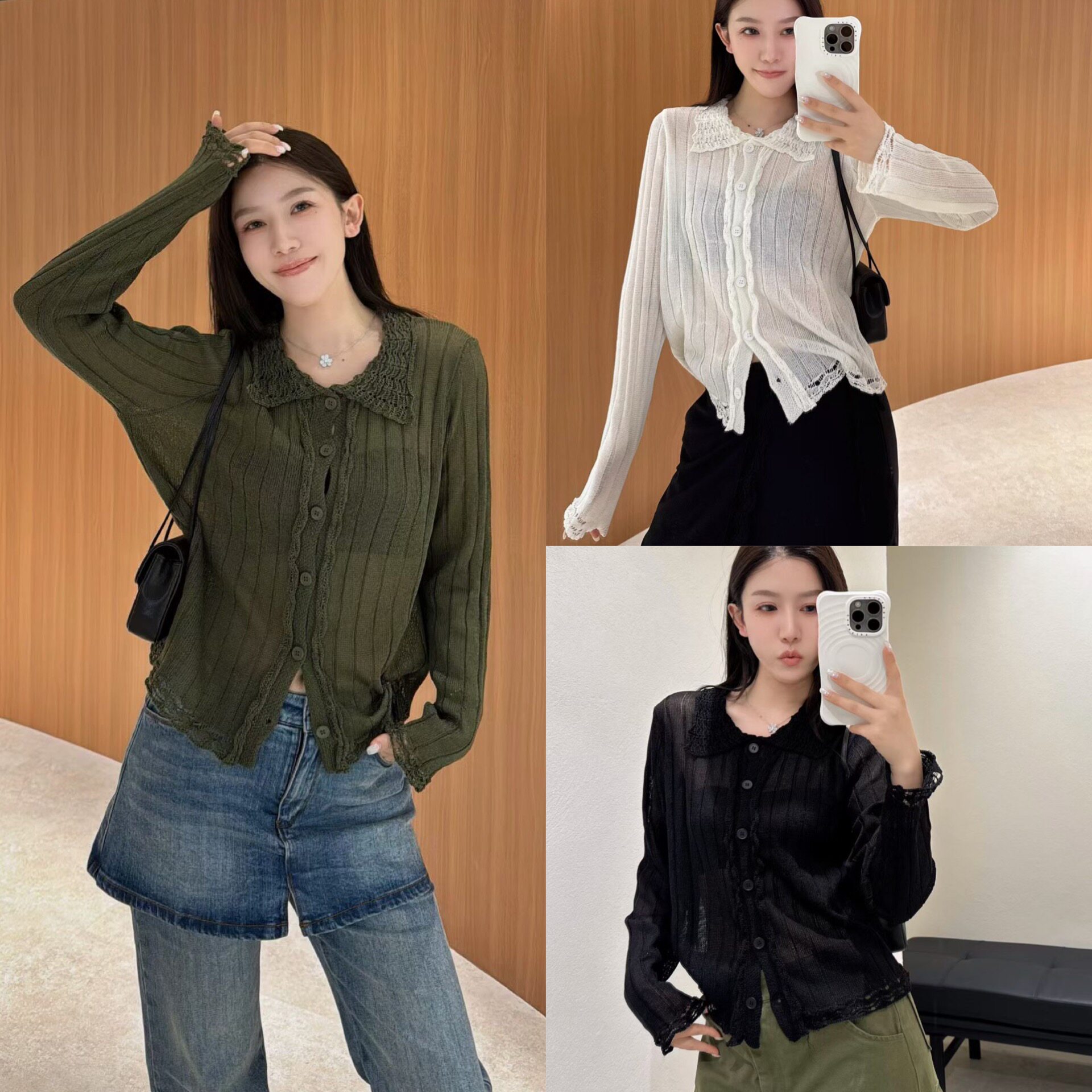 欧洲站2026春季韩系钩花小翻领排扣透视薄款长袖针织衫纯色开衫女