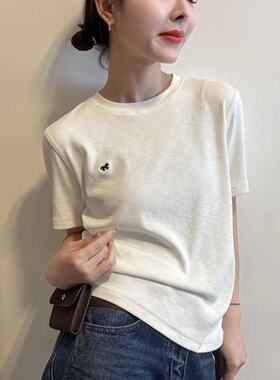 欧洲站2026春季圆领正肩刺绣小标T恤舒适螺纹棉短袖打底衫上衣潮