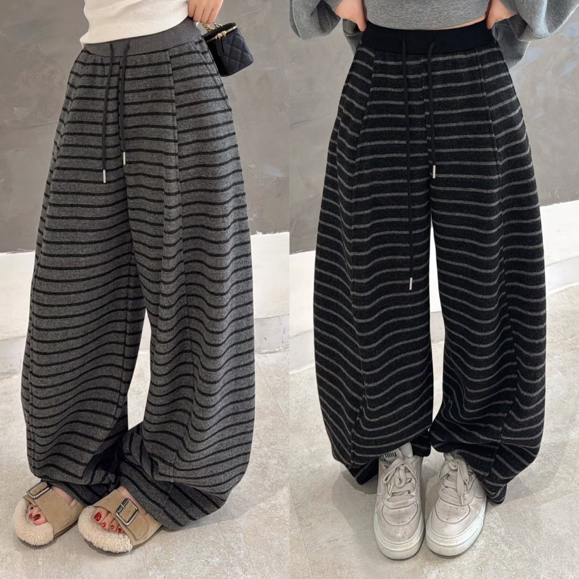 欧洲站2025冬季欧货系带松紧腰前压线慵懒加绒拼色条纹休闲裤长裤