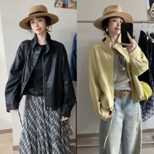 机车休闲PU皮皮衣外套 气质立领下摆抽绳A字版 欧洲站2026春季 新款