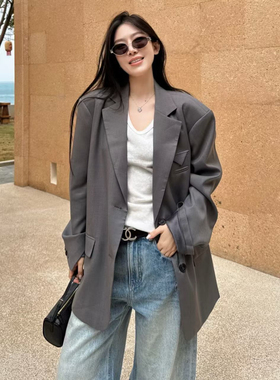 欧洲站2026春季欧货时髦大垫肩阔版倒三角口袋设计高级西装外套女