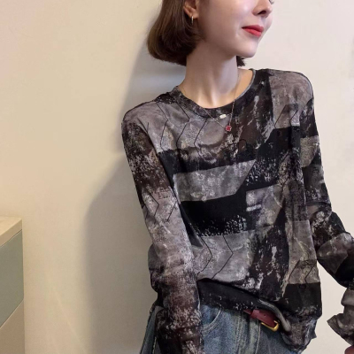 欧洲站2025早秋韩系圆领暗色满身印花宽松薄款网纱长袖打底衫T恤