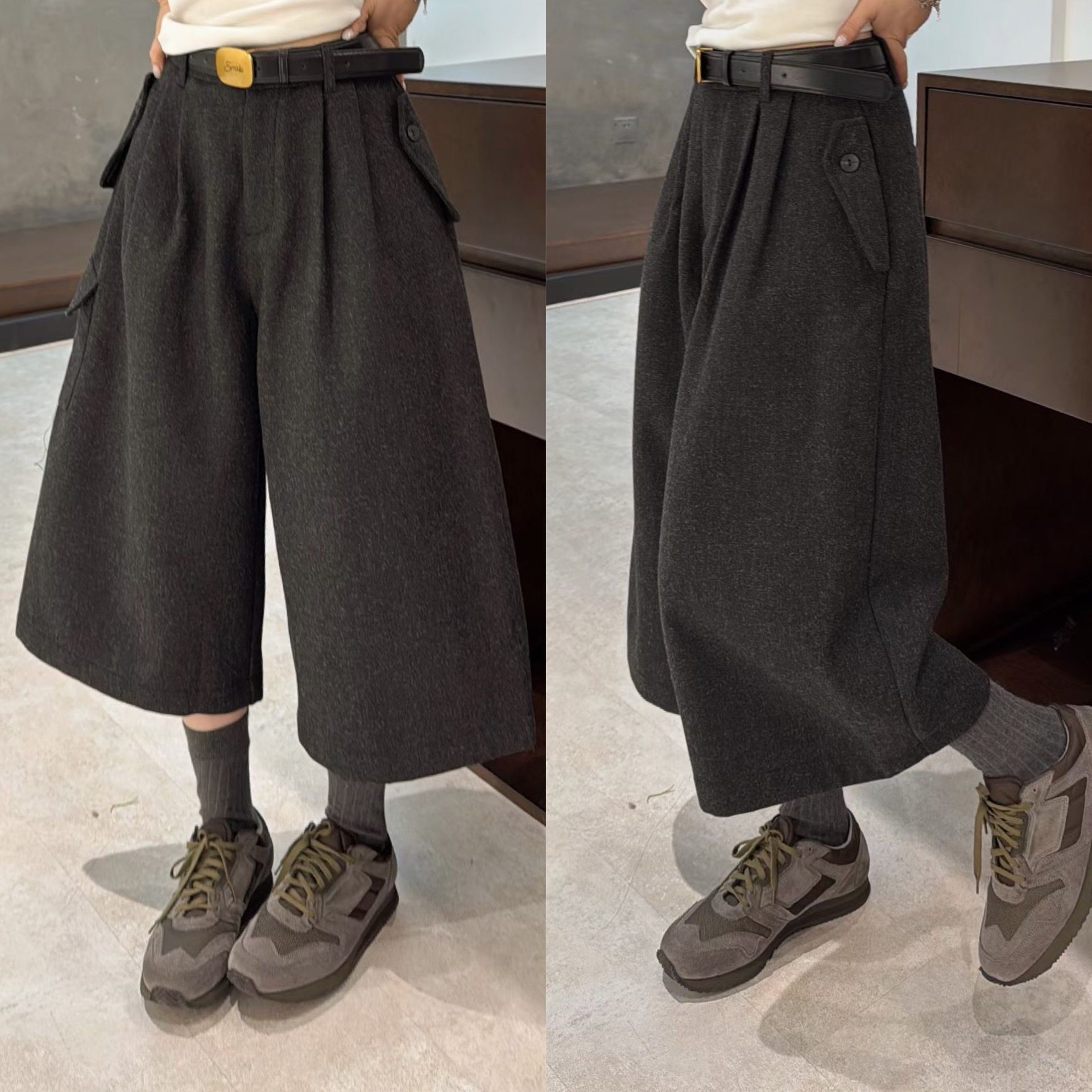 欧洲站2025冬季新款时尚高腰褶皱侧口袋设计阔腿七分羊毛休闲裤潮