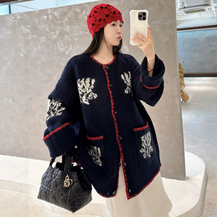 复古提花羊毛针织开衫 明线拼边排大版 外套 欧货时尚 欧洲站2025秋季