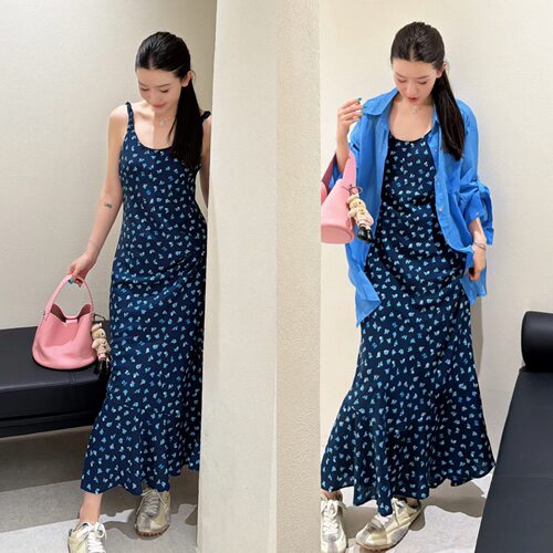 欧洲站2026夏季欧货韩系POLO领长袖衬衫+碎花长裤两件套连衣裙女