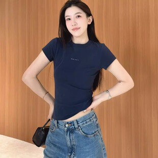 欧洲站2026春季欧货圆领气质简约小字母印花短袖修身小版T恤女潮