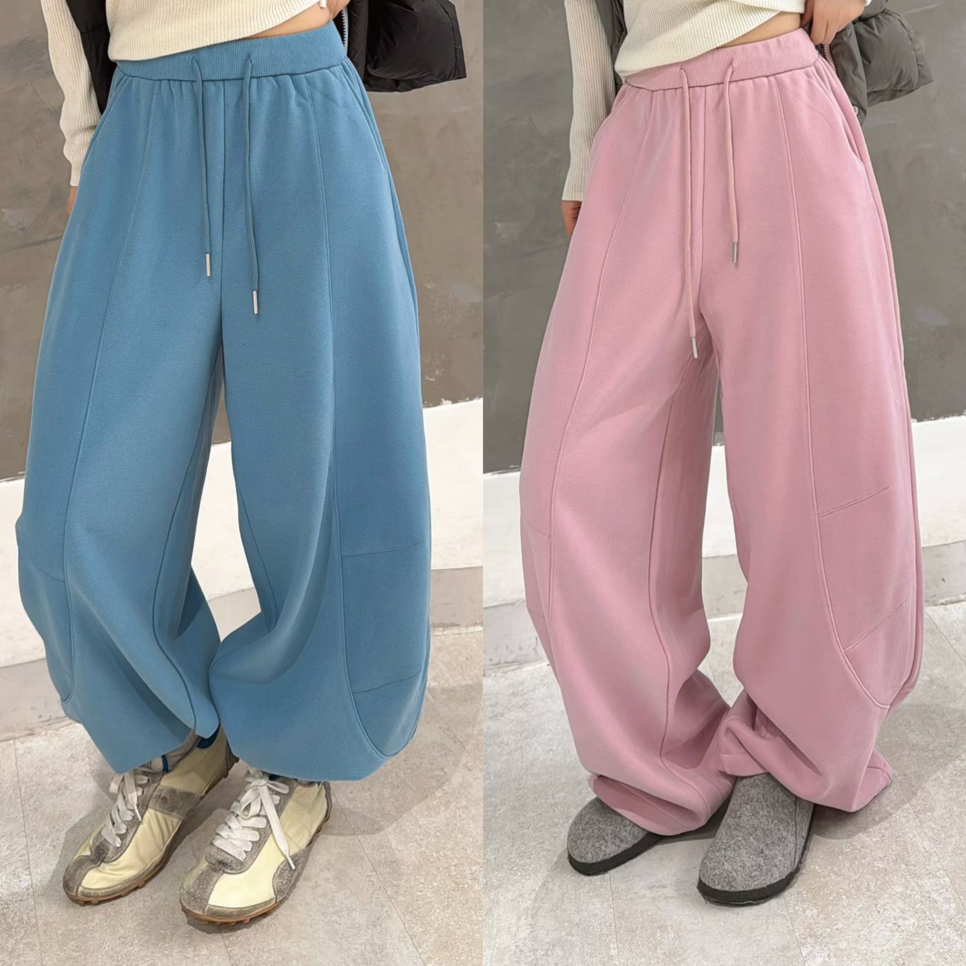 欧洲站2025冬季松紧腰侧圆弧压线加厚加绒卫裤慵懒糖果色休闲裤潮