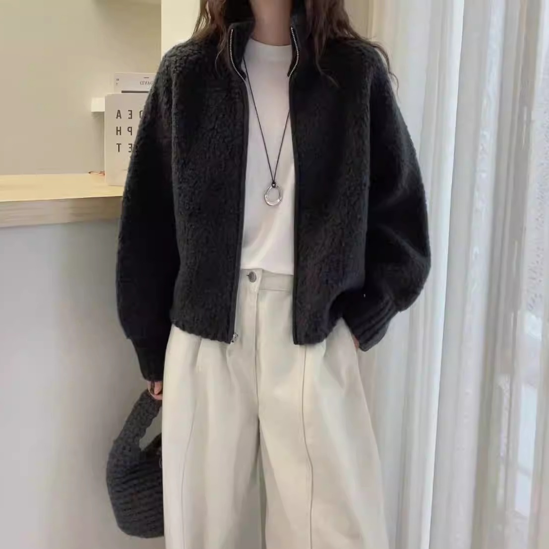 欧洲站2025秋冬欧货立领双拉链气质净版短款圈圈羊毛针织开衫外套