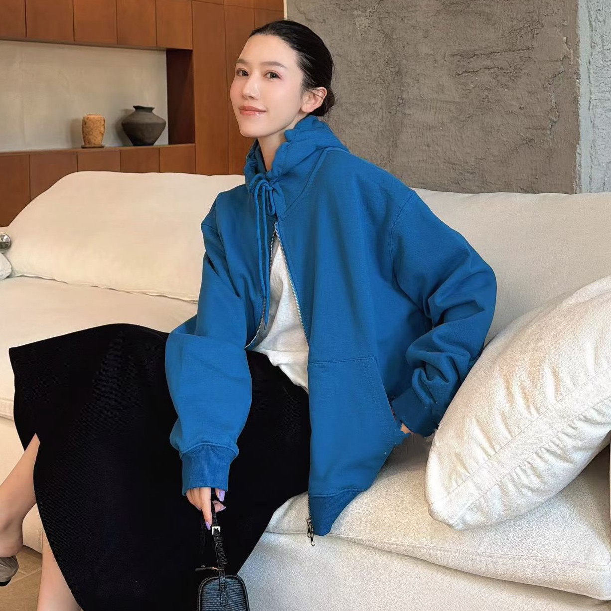 欧洲站2026秋季欧货净版连帽抽绳拉链大口袋慵懒蓝色休闲卫衣外套