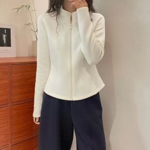 欧洲站2026春季运动风立领压线修身拉链卫衣开衫纯色休闲短外套潮