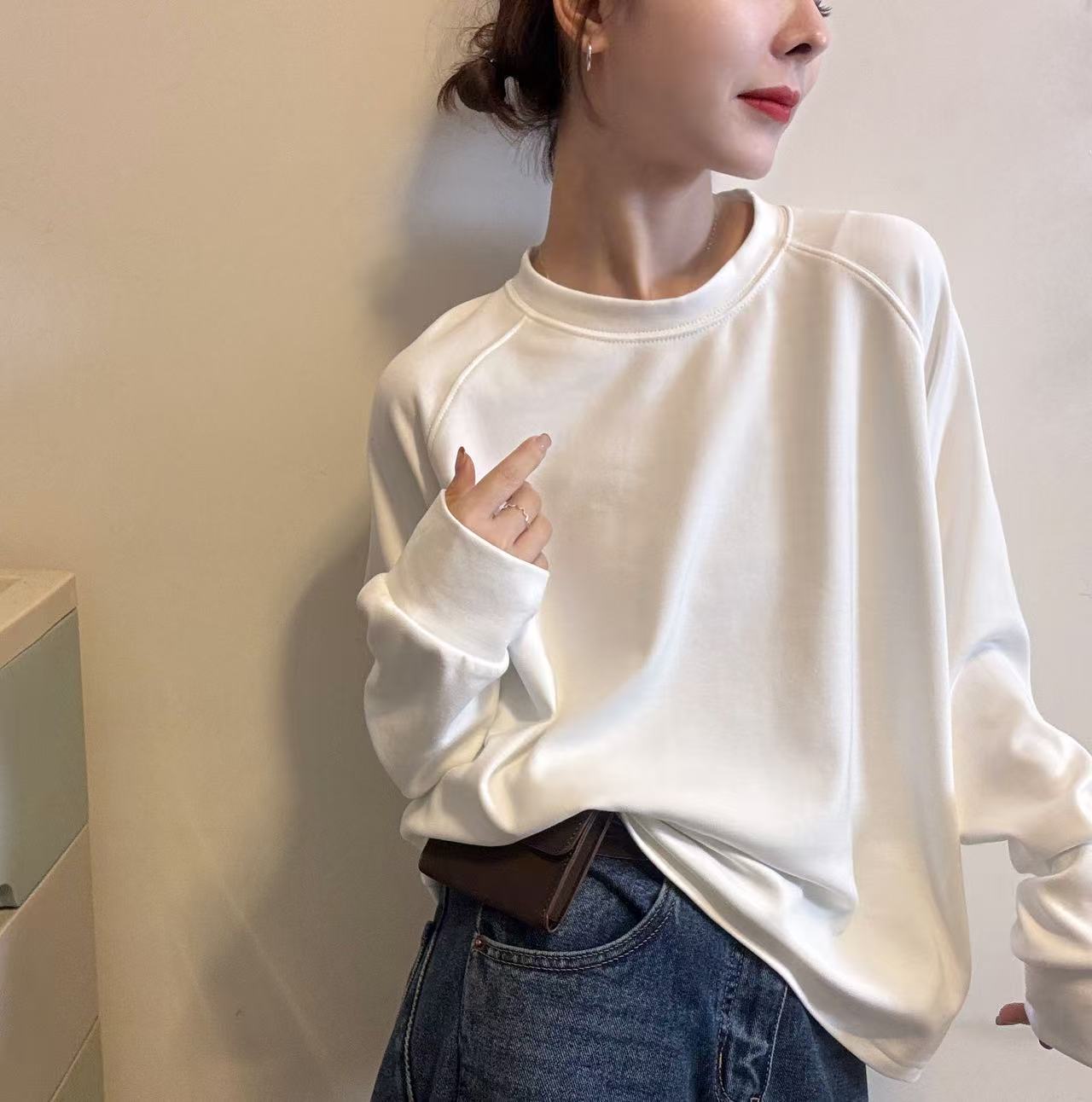 欧洲站2025秋冬气质简约圆领压线插肩袖长袖宽松纯色打底衫白T恤