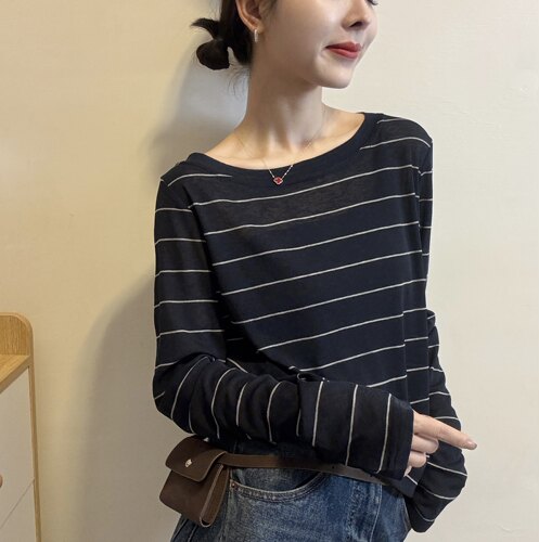 欧洲站2026春夏新款洋气露肩一字领长袖慵懒条纹T恤斜肩上衣女潮