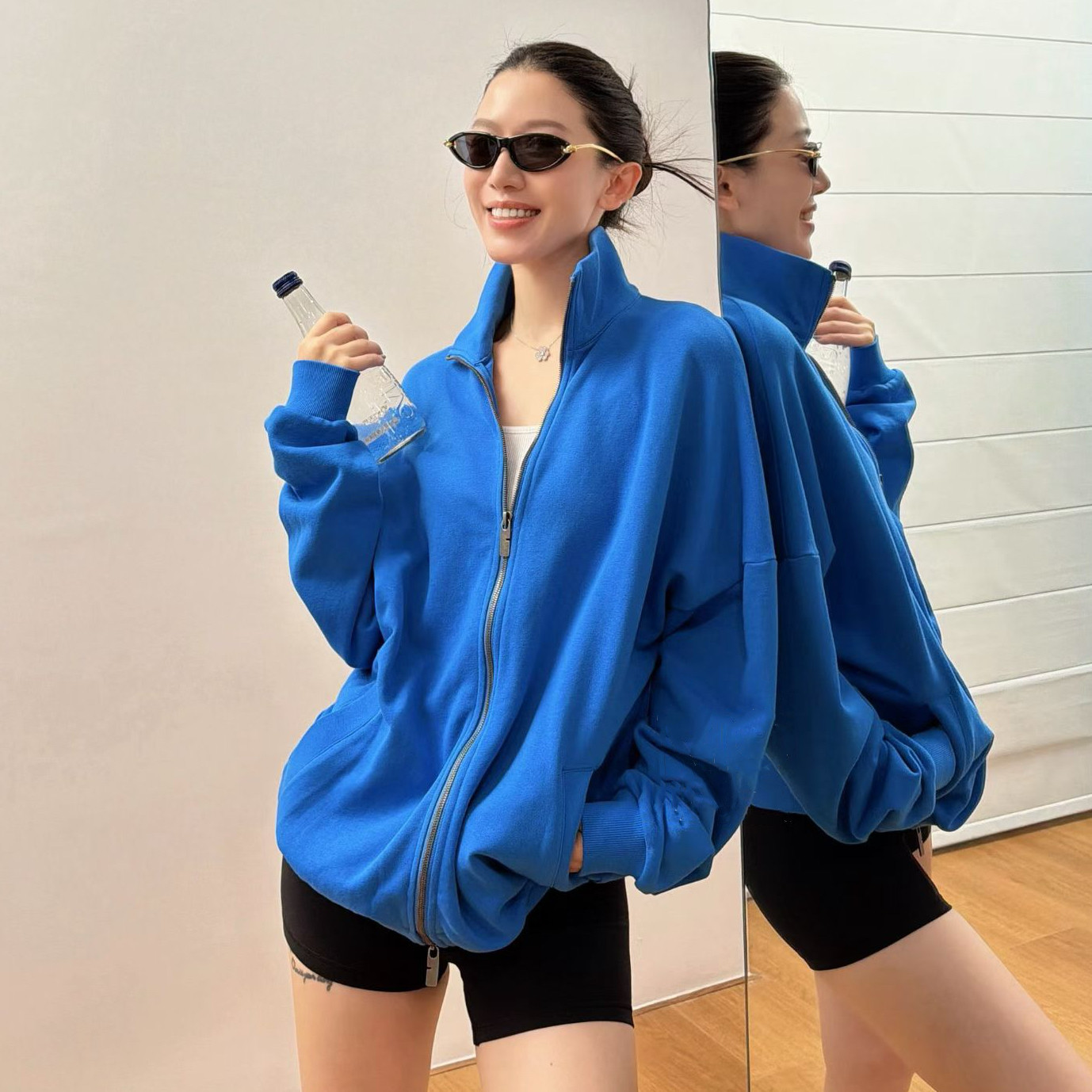 欧洲站2026秋季欧货立领后背倒三角补丁落肩双拉链休闲风卫衣外套