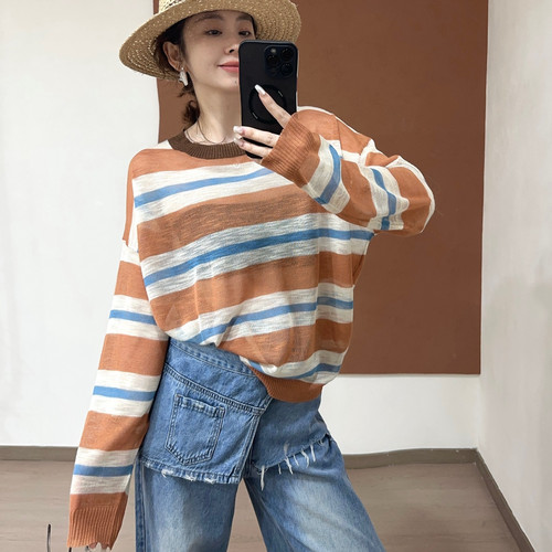欧洲站2026春季慵懒风圆领套头薄款长袖撞色条纹冰丝针织衫上衣潮