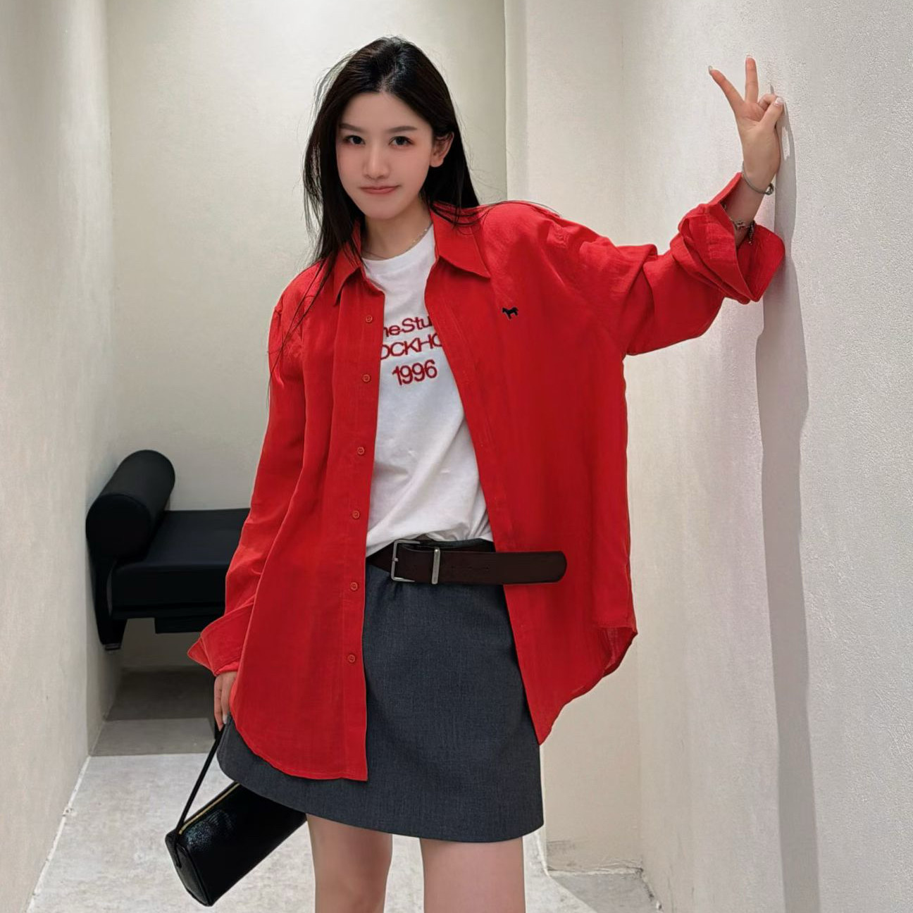 欧洲站2026春夏新款韩版POLO领胸口卡通小刺绣薄款长袖防晒衬衫女