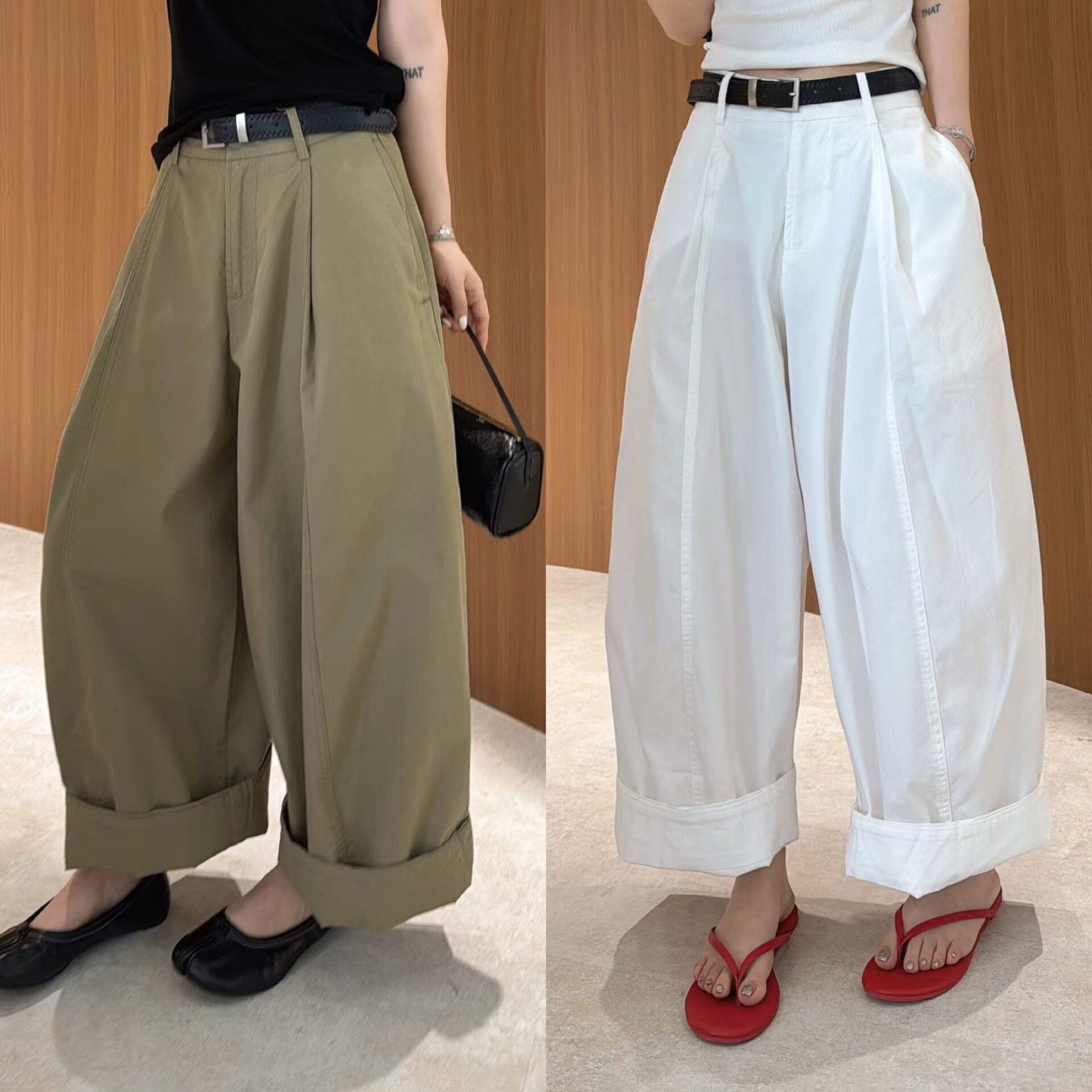 欧洲站2026夏季简约高腰配腰带褶皱微垮显瘦阔腿卷边九分裤休闲裤