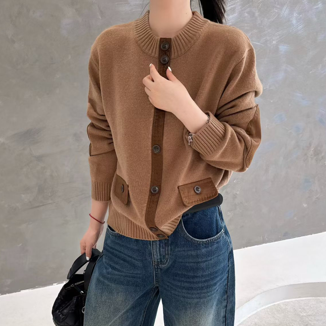 欧洲站2025秋冬新款欧货圆领排扣撞色拼接假口袋羊毛针织开衫外套