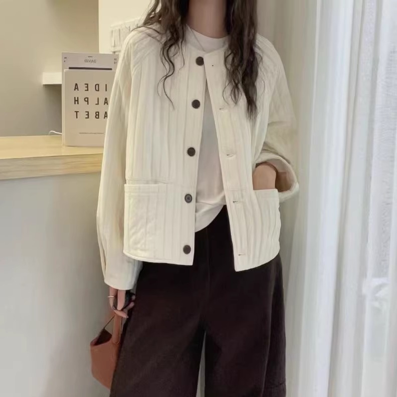 欧洲站2025秋冬新款极简风圆领竖条压线夹棉排扣薄款棉衣外套女潮