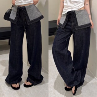 欧洲站2026春季 欧货时髦撞色翻边绑带裙摆拼接设计直筒深蓝牛仔裤