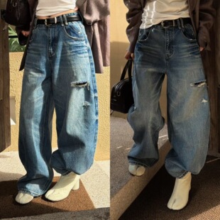 欧洲站2026春季 女 欧货时髦双口袢微垮宽松磨白破洞水洗牛仔弯刀裤