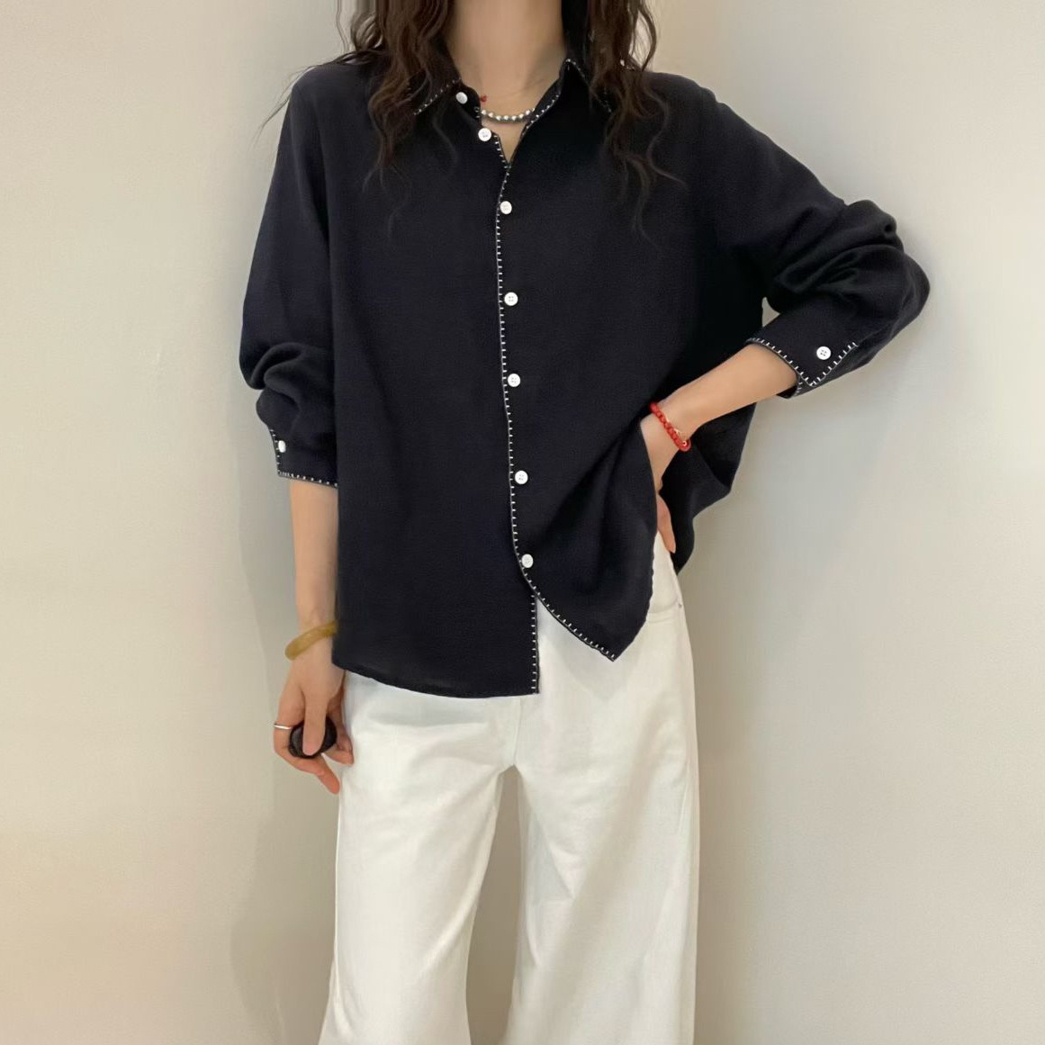 欧洲站2026春季原宿风POLO领明线拼边单排扣长袖舒适亚麻衬衫女潮