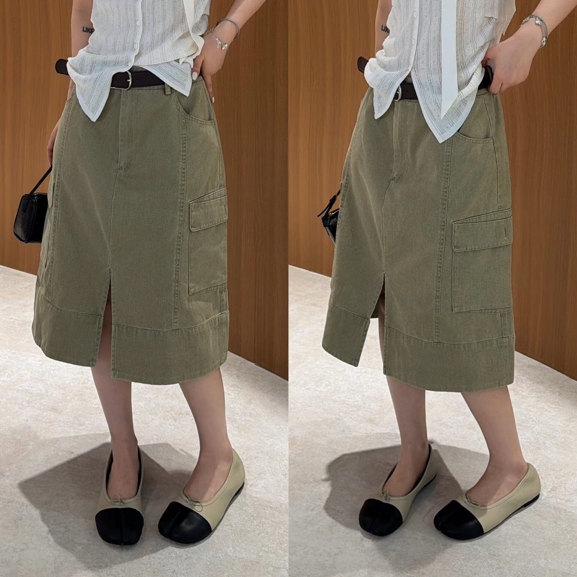 欧洲站2026夏季新款老钱风高腰直筒前开叉工装大口袋牛仔半身裙潮