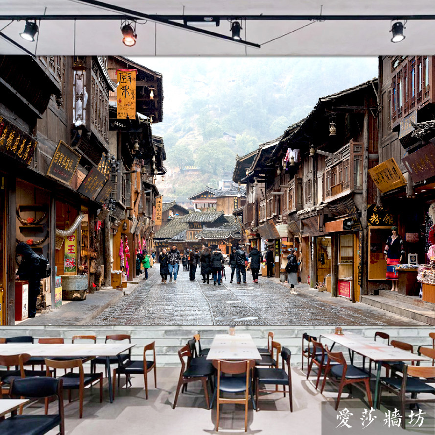怀旧宽窄巷子门牌中式餐饮古城夜街景墙纸江南小镇古镇夜景壁画