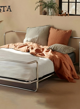 金属包豪斯实木床架不锈钢中古极简现代复古大床头无床钢管铁艺床