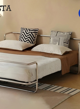 中古风包豪斯大床不锈钢双人床复古铁艺金属工业风床架无床头定制