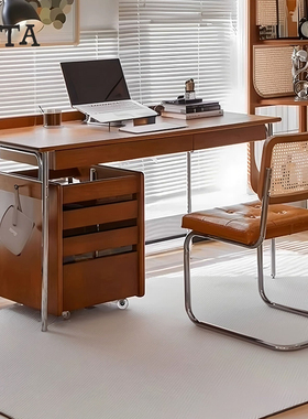 Asta实木书桌一体中古风书房写字台家用电脑桌北欧学习桌子办公桌