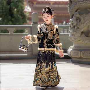 高端马面裙女童2026新款冬装汉服加厚保暖新年拜年服黑色过年衣服