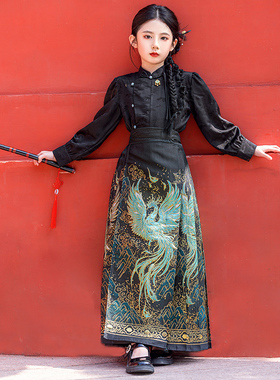 新中式女童织金马面裙搭配黑色长袖国风上衣高品质小女孩唐装汉服