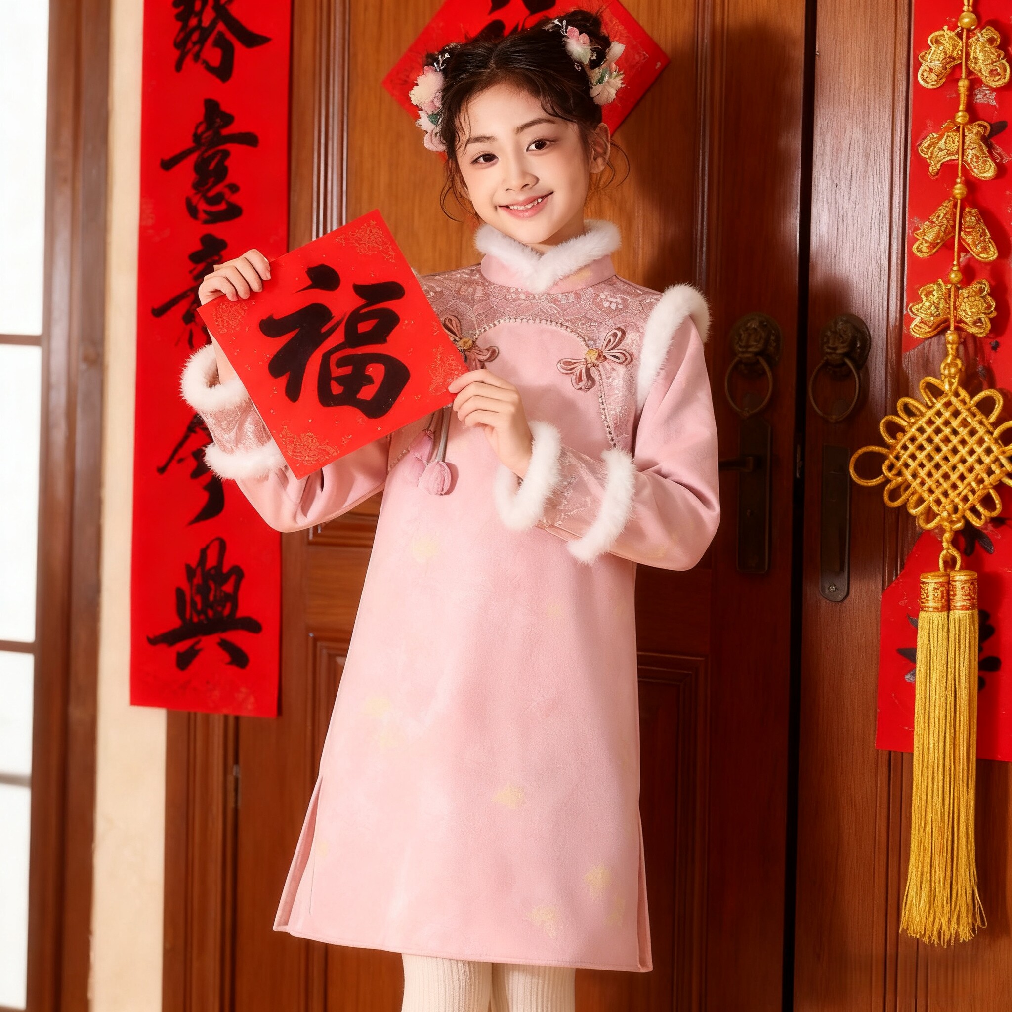 冬季女童新中式加绒加厚旗袍粉色