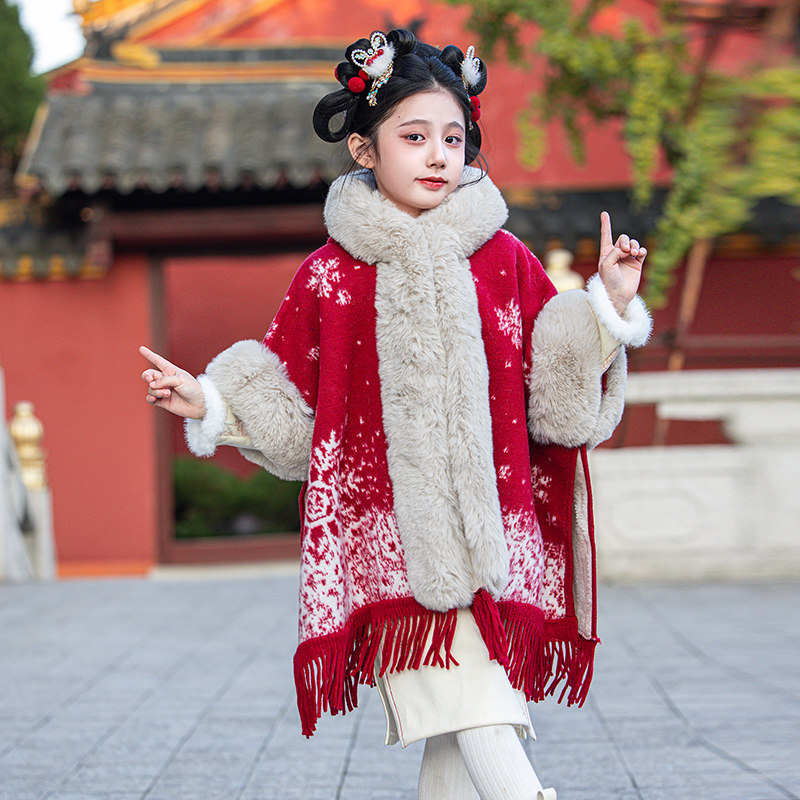 红色女童秋冬季大毛领连帽