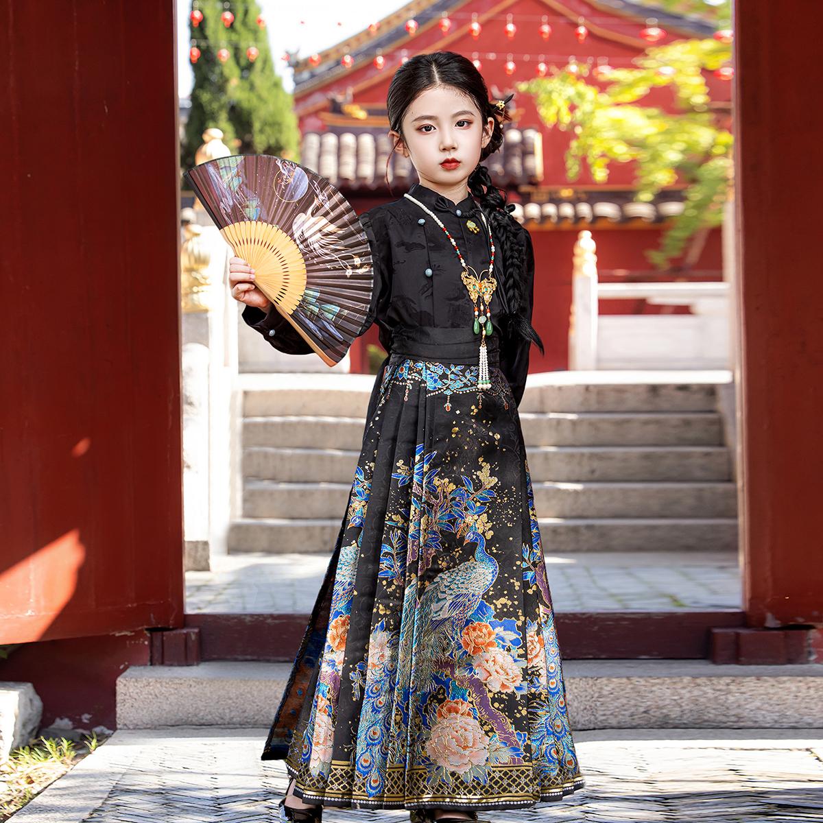 女童织金马面裙黑色套装高端长袖国风衬衫新中式唐装半身裙演出服