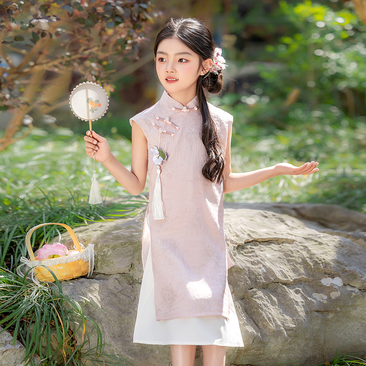粉色女童国风奥黛旗袍2026新款儿童改良新中式连衣裙薄款演出服夏