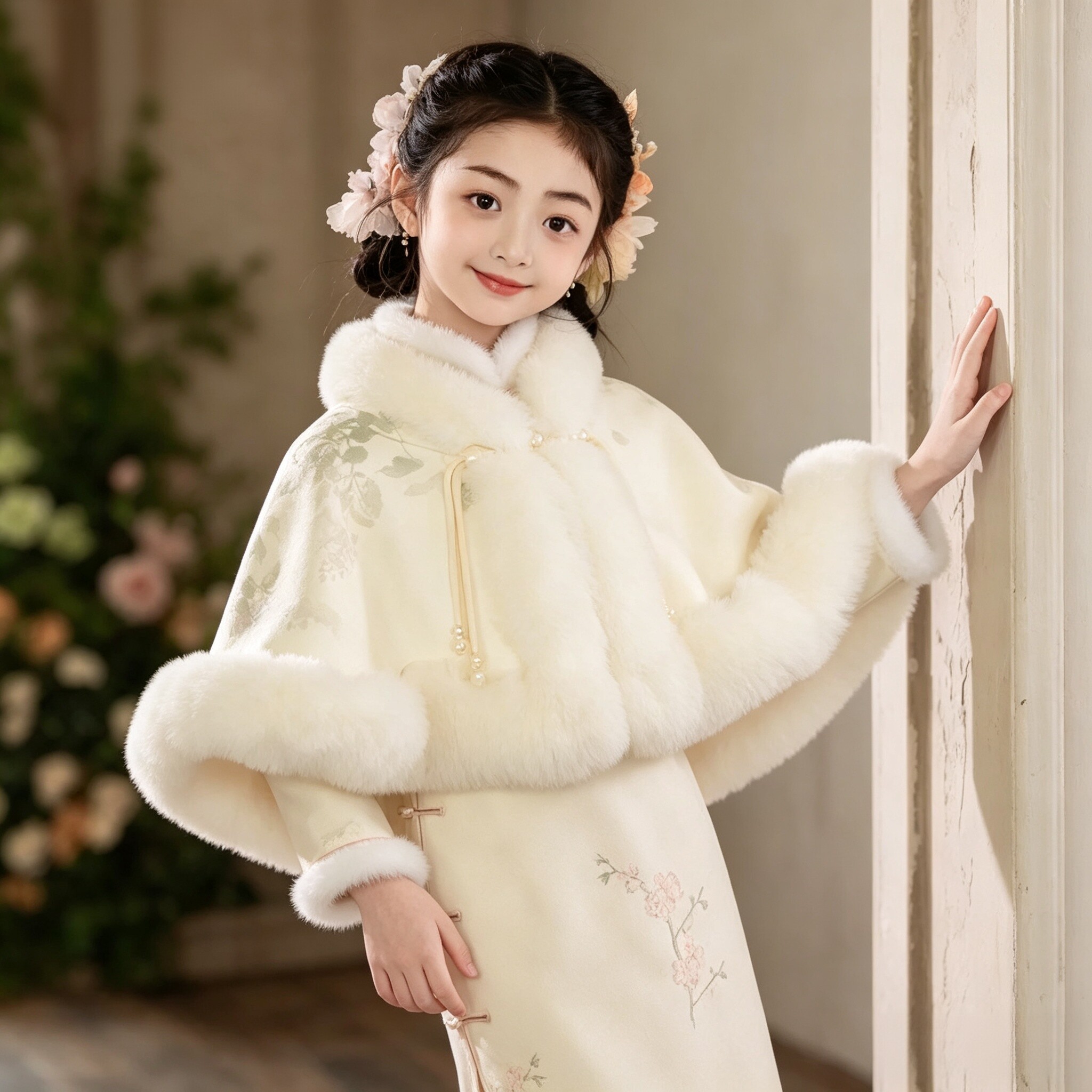 女童冬季加绒加厚保暖汉服斗篷