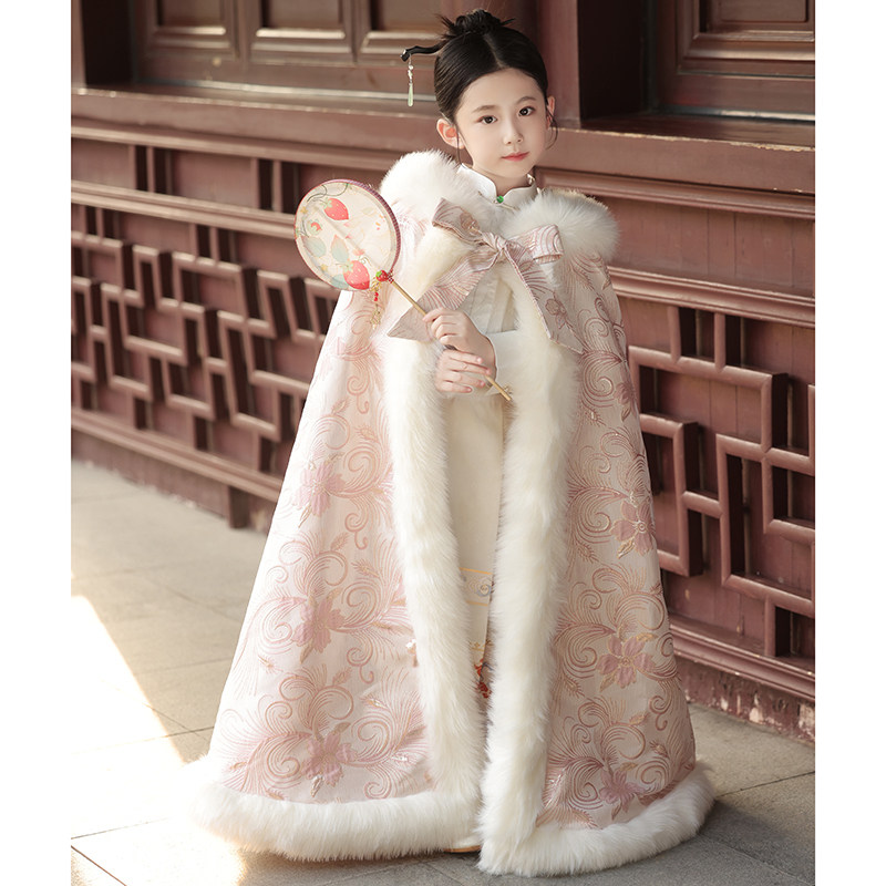 女童粉色汉服斗篷中国风长款儿童秋冬季外出加厚保暖连帽披风日常