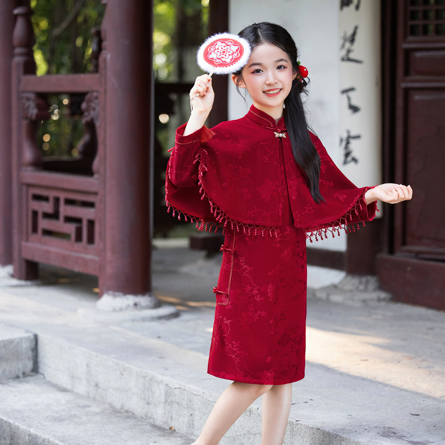 儿童旗袍中式红色旗袍披肩套装