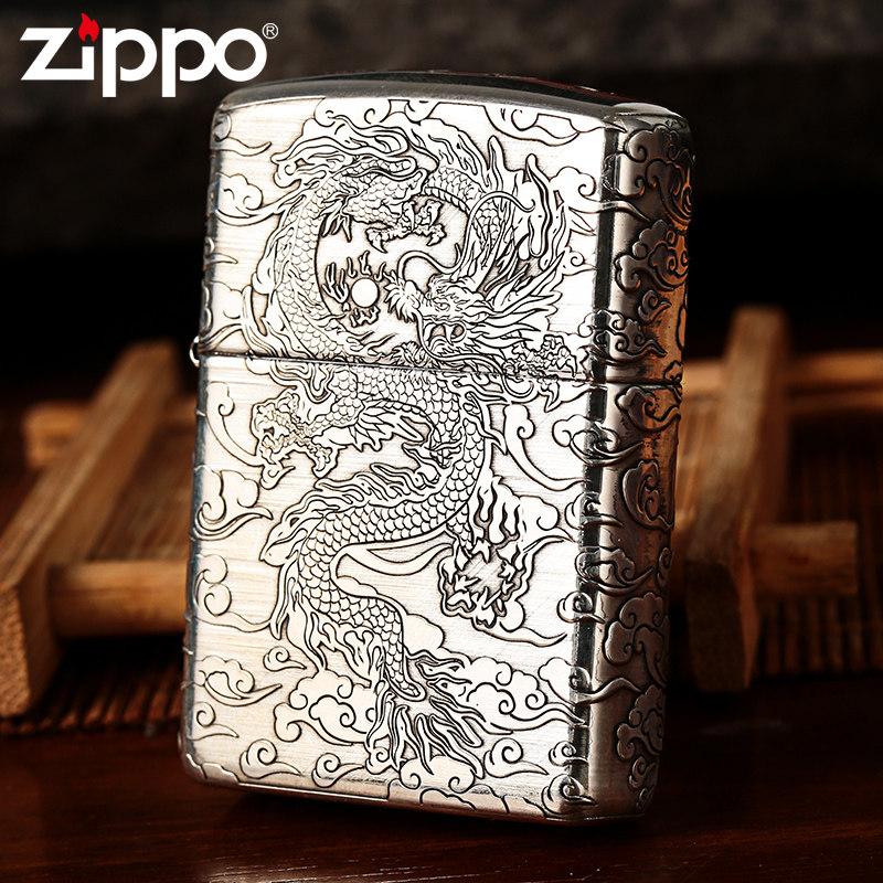 zippo煤油打火机纯银防风五面环绕雕刻祥云腾龙 九五至尊盔甲加厚