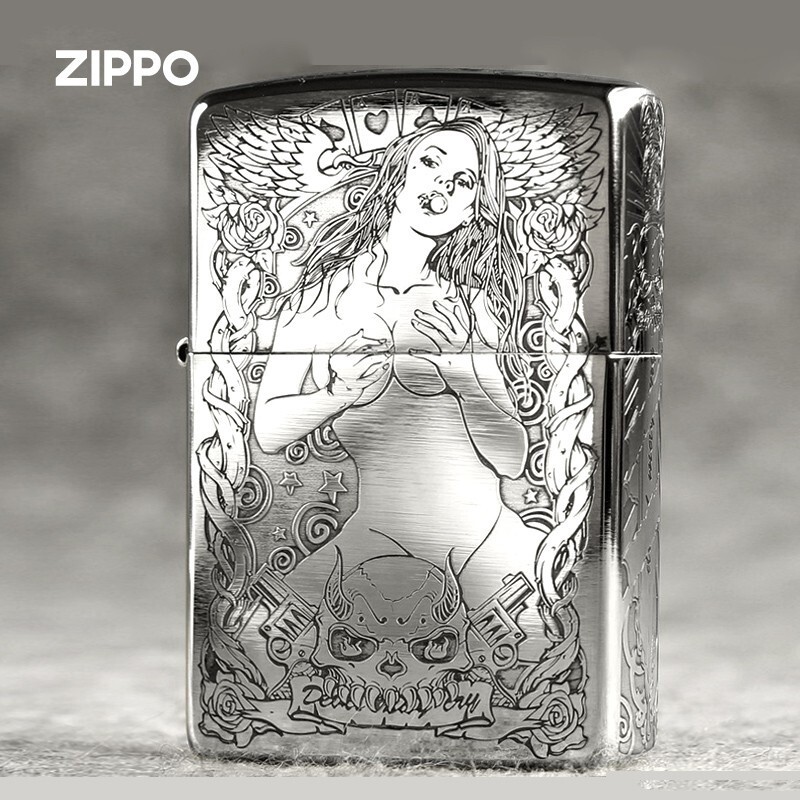打火机Zippo正版纯银加厚盔甲精雕骷髅妖姬 妖娆女郎男士高档礼品