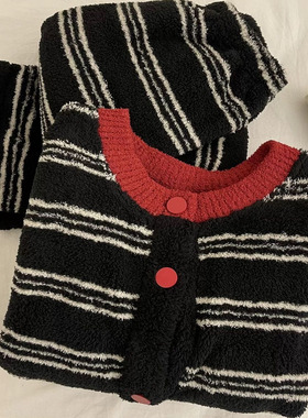 软fufu红色拼色条纹睡衣女秋冬季珊瑚绒加厚开衫家居服套装半边绒