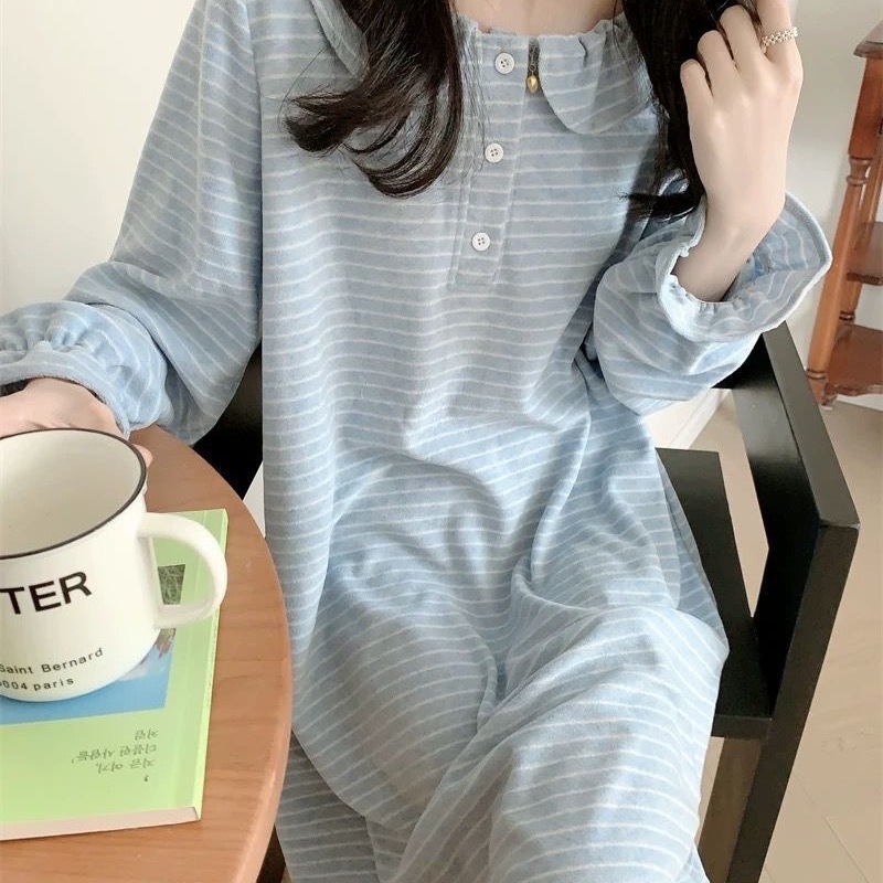 软糯保暖宽松睡衣女秋冬季条纹德绒加厚中长连衣裙家居服睡裙睡袍