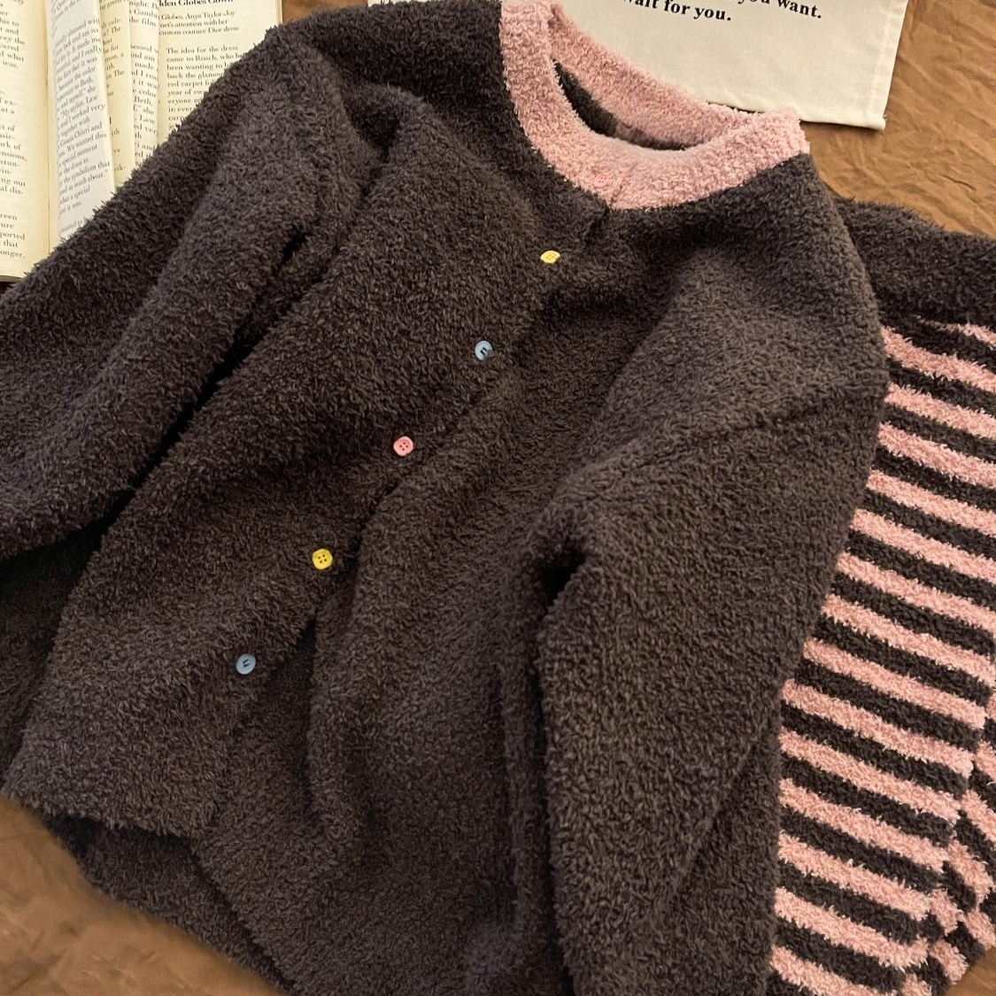 韩系睡衣女秋冬季新款加绒加厚珊瑚绒开衫可外穿半边绒家居服套装