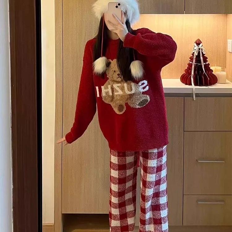网红ins可爱小熊睡衣女冬季撞色珊瑚绒红色家居服套装格子半边绒