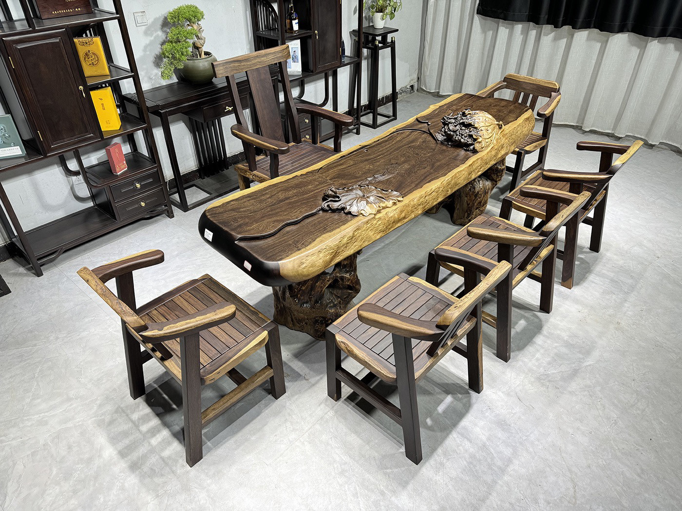 黑檀木大板茶桌茶台办公会议餐桌画案桌独板整块雕刻茶桌现货